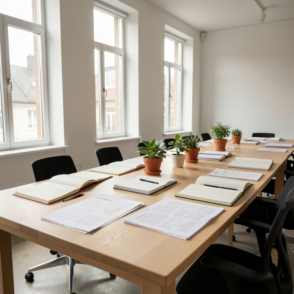 Wide editorial workspace — a long light wooden table with scattered research papers, open notebooks and small potted plants under diffused daylight from tall windows