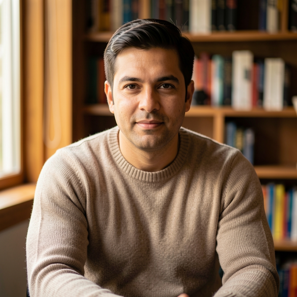 Studio portrait of a male writer, seated, wearing a neutral-coloured sweater, warm window light, bookshelf visible in soft background
