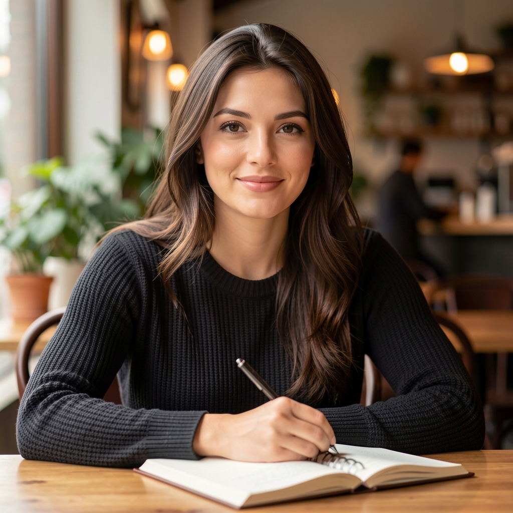 Natural light portrait of a woman seated at a cafe table with a notebook open, warm indoor lighting, background softly out of focus