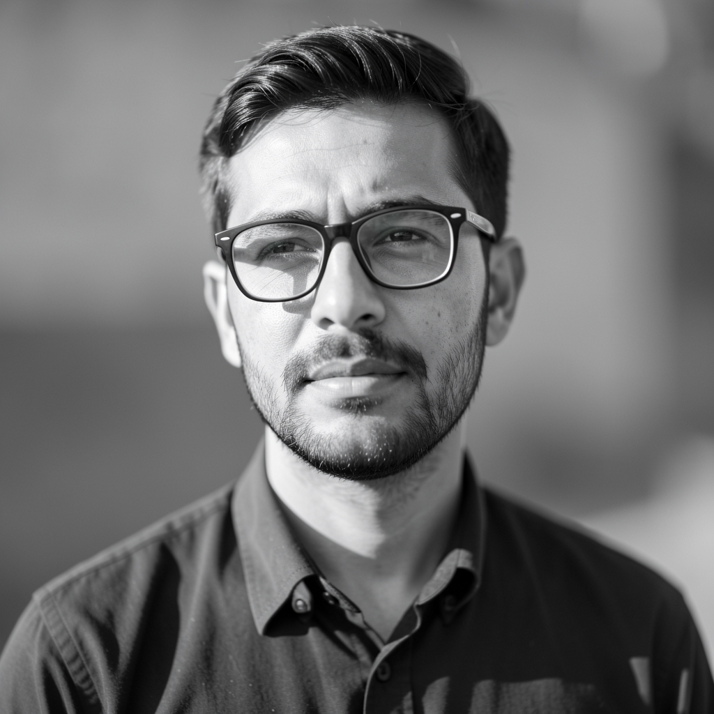 Black and white portrait of a man with glasses looking slightly off-camera, strong natural sidelight, minimalist studio setting