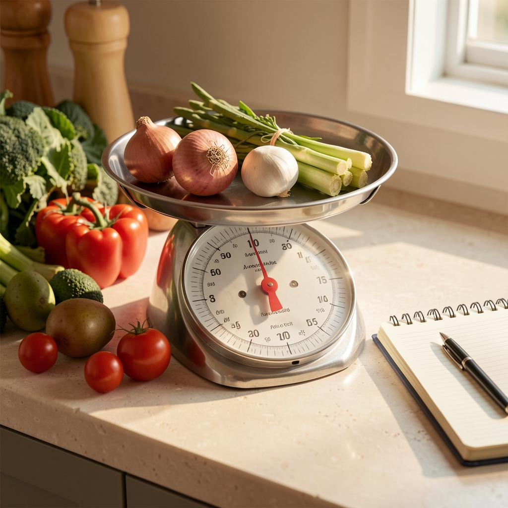 Close-up of a kitchen scale with fresh whole foods and a notebook beside it on a pale stone countertop under warm morning light