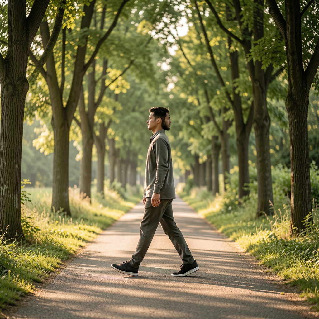 Person walking at an easy pace along a tree-lined path in soft morning light, side profile, natural greenery in background