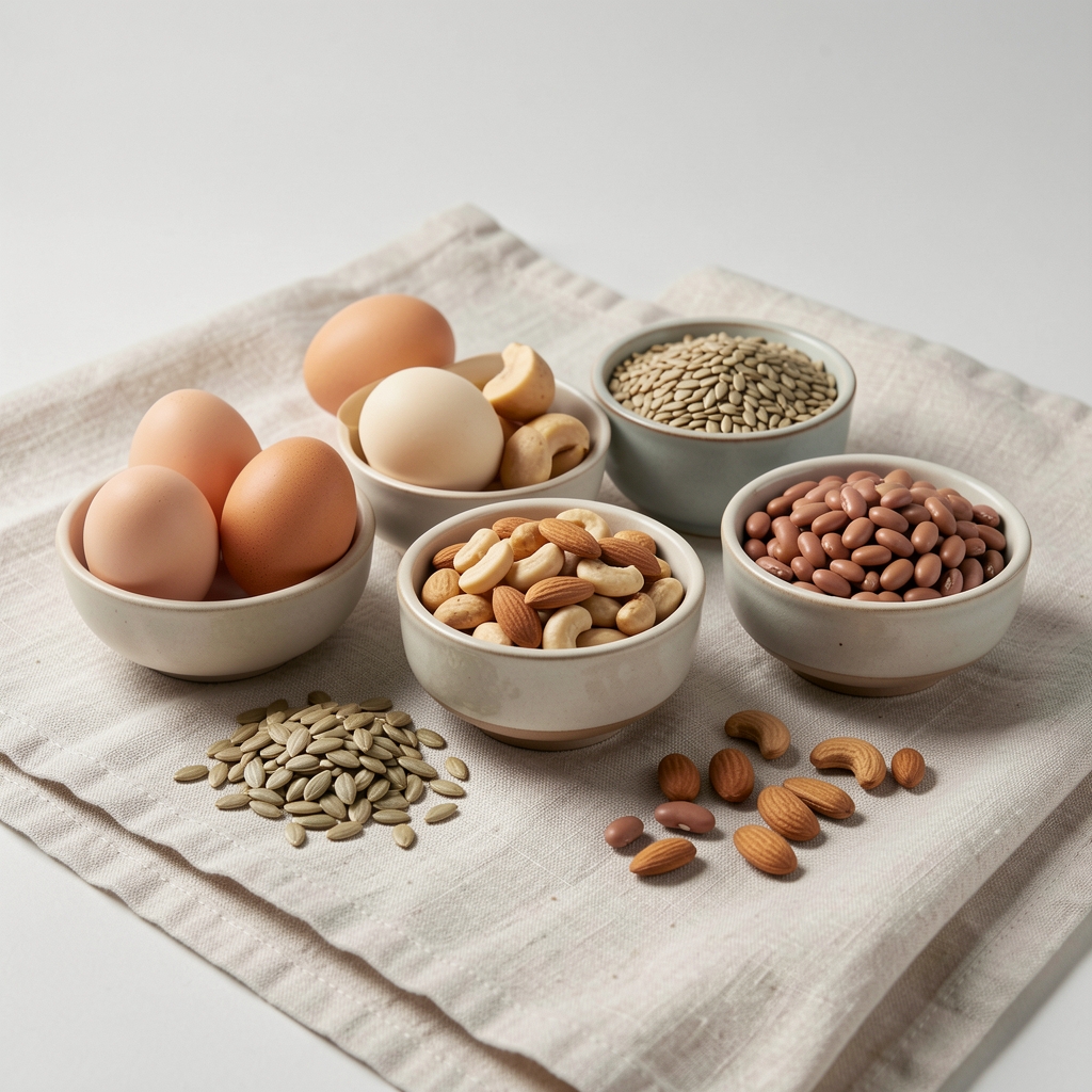 High-protein whole foods arranged on a pale linen cloth — eggs, legumes, nuts and seeds in small ceramic bowls under diffused studio lighting