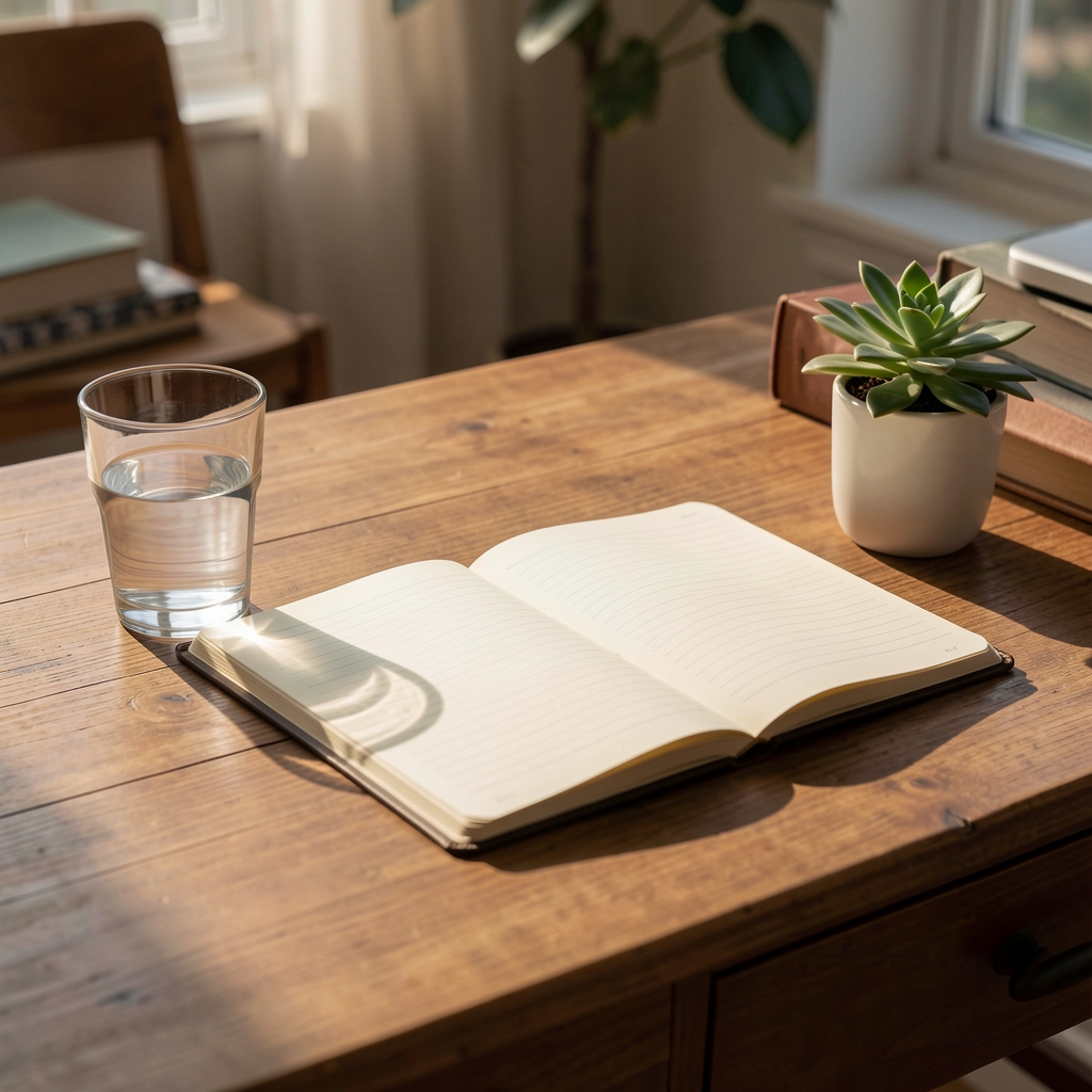 Morning light falling across a wooden desk with an open notebook, a glass of water and a small plant — a quiet domestic workspace