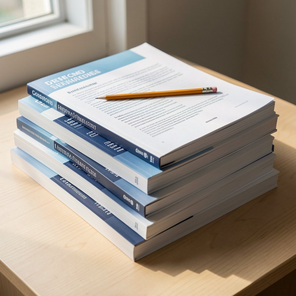 Stack of academic journals and printed research papers on a light wooden surface, natural daylight from the side, a pencil resting across the top