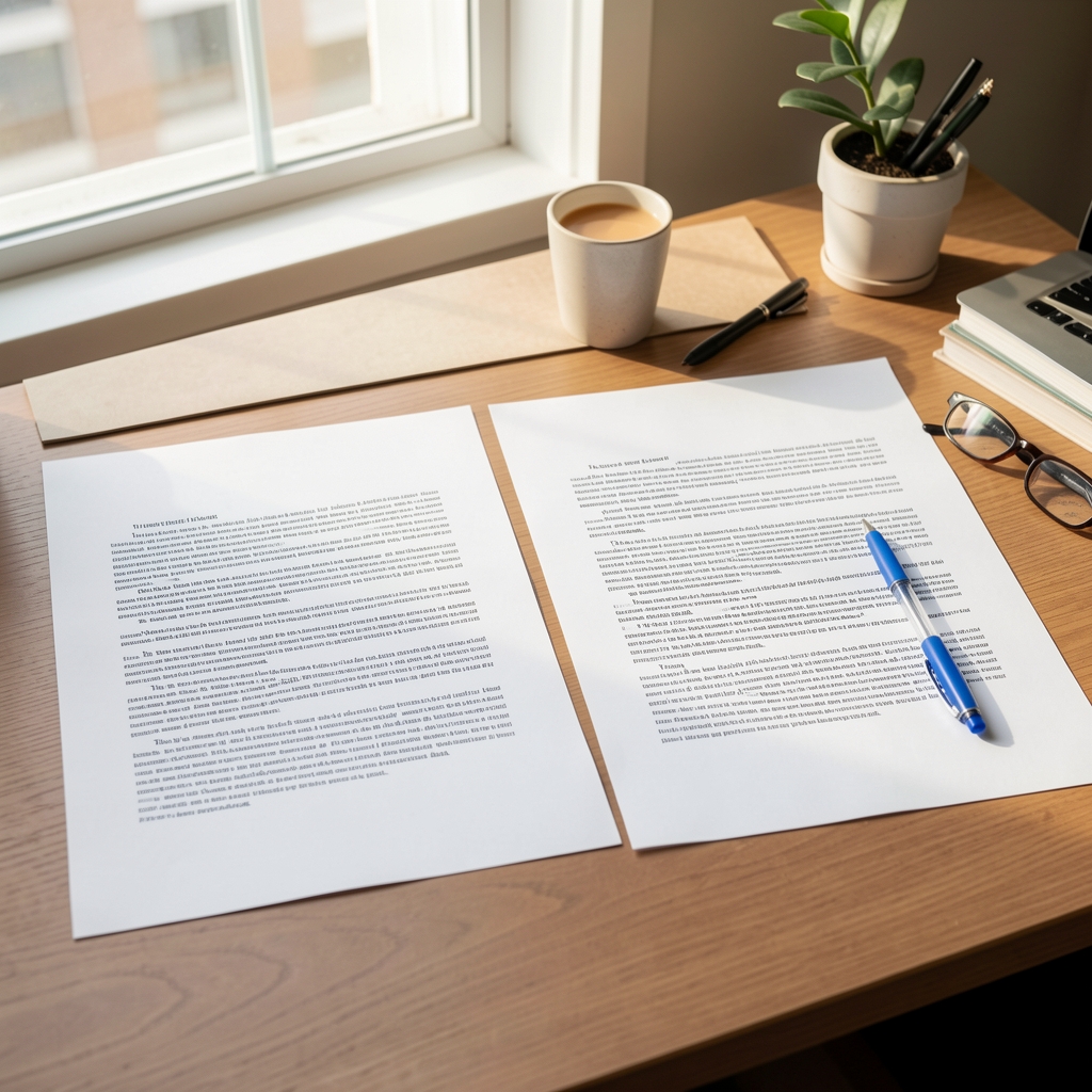 Editorial review in progress — two printed article drafts side by side on a desk, one marked with a blue pen, morning light, controlled workspace